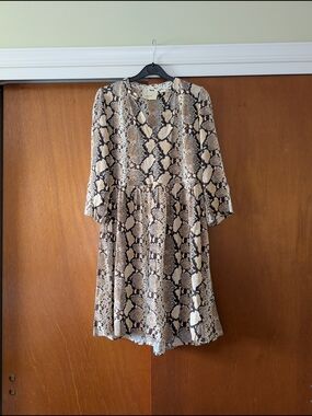 Maeve Anthropologie Women’s Snake Print V-Neck Dress in Neutral Tones Boho
